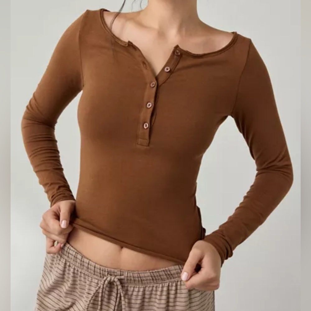 Urban Outfitters Brown Long Sleeve Henley Top